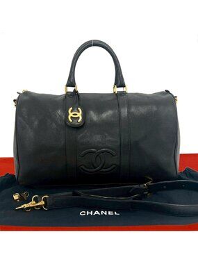 Chanel Jumbo CC Logo Caviar Leather 2-Way Boston Bag Black